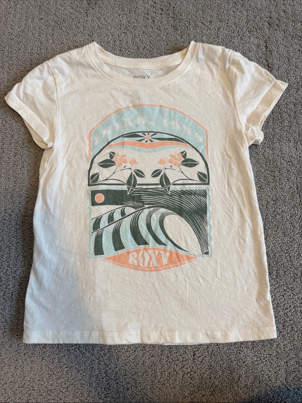 Roxy White Tee with Coral and Teal Surf Graphic age 7-8 girls
